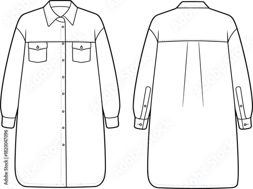 Long sleeve shirt dress technical flat sketch with front pockets, collar, button details, back pleat design, professional fashion CAD drawing vector illustration
