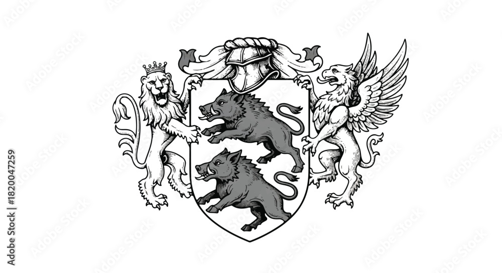 Fototapeta premium Engraved medieval heraldry symbol rendered in a flat 2D style, featuring a detailed coat of arms with powerful mythical bird, fierce lion, and wild boar on a clean white background.