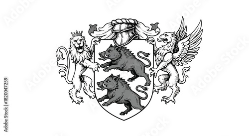 Engraved medieval heraldry symbol rendered in a flat 2D style, featuring a detailed coat of arms with powerful mythical bird, fierce lion, and wild boar on a clean white background.
