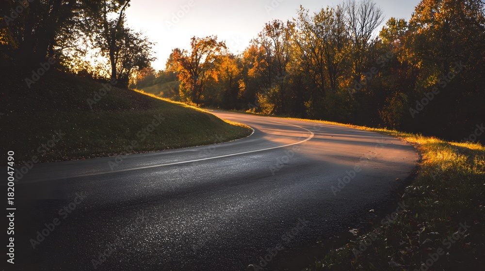 Fototapeta premium Empty Winding Road Through Autumn Trees at Sunset.