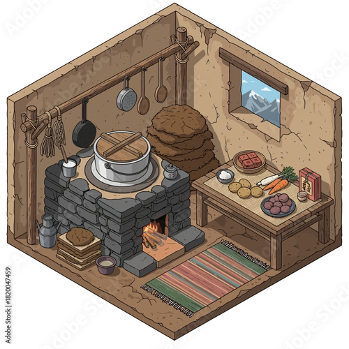 Cozy traditional kitchen interior with clay walls and rustic wooden table