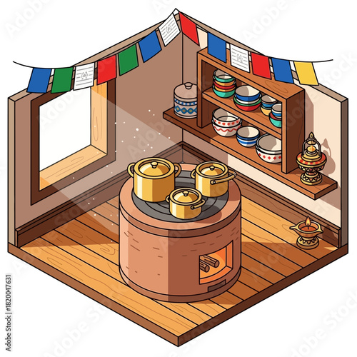 Isometric depiction of a traditional kitchen setting with prayer flags