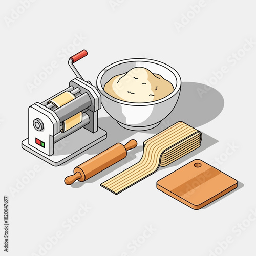 Isometric Homemade Pasta Making Tools Illustration for Culinary Projects