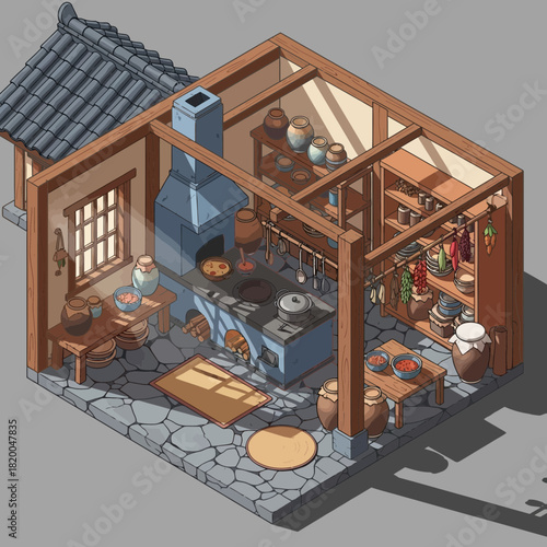 Isometric illustration of a traditional Korean kitchen with cooking utensils