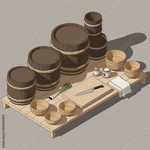 Isometric illustration of Japanese cooking preparation on a wooden table