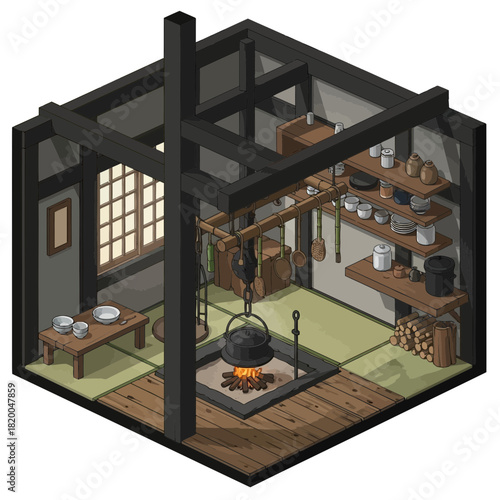 Isometric illustration of traditional Japanese Irori kitchen interior