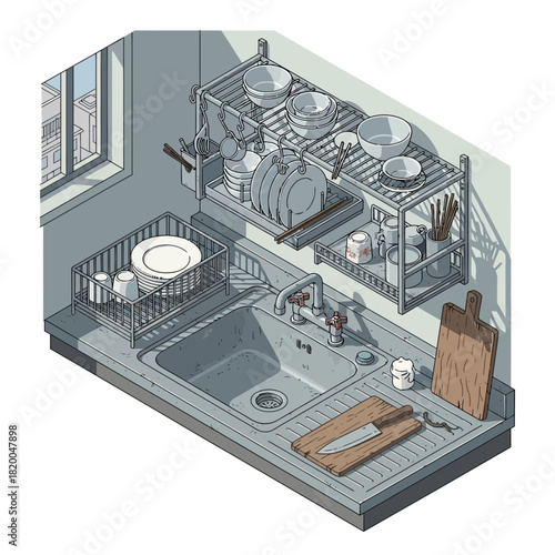 Isometric kitchen scene featuring a sink, dish rack and various kitchenware