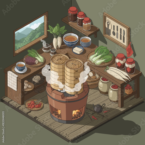 Isometric kitchen scene featuring traditional asian cooking with steamer pot
