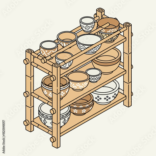 Isometric view of earthenware bowls and cups displayed on a wooden shelf