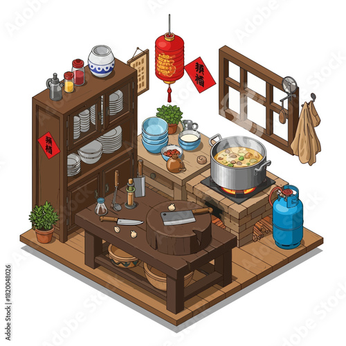 Isometric Traditional Asian Kitchen Scene Illustration with a Boiling Pot