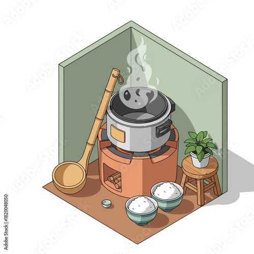 Isometric view showing a classic rice cooking scene with a pot and bowls