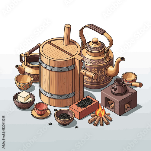 Traditional Central Asian Tea Ceremony Still Life Illustration