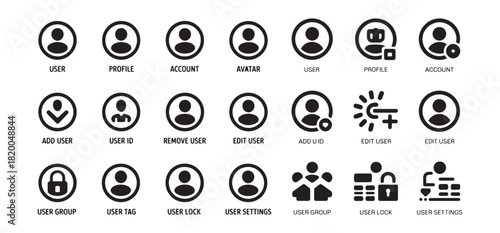 Minimalist user icon set black and white flat design style for web and mobile applications