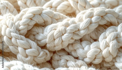 Detailed macro photograph of a thick, intricately braided white rope, showcasing a seamless organic cotton weave pattern and realistic thread detail
