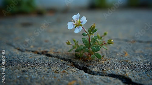 Fototapeta Naklejka Na Ścianę i Meble -  Awesome photo of small white flower grows in a crack in the concrete sidewalk.