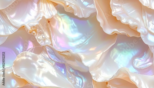 Seamless pearl shell pattern with iridescent reflections and nacre layers, macro detail of opalescent surface