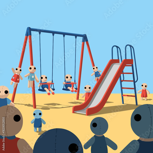 Unsettling Dolls Enjoying a Bright Playground Scene