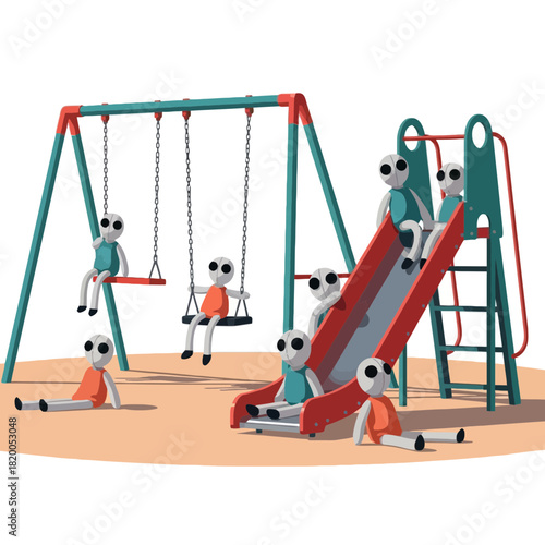 Strange Dolls Playing on a Deserted Playground
