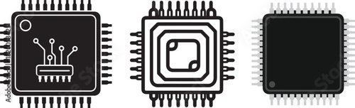 Monochrome Electronic Chip Icons with Square Forms and Circuitry Details