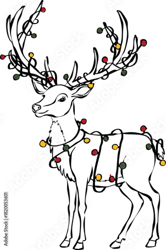 Reno navideño con luces dibujado a mano. Ilustración vectorial de reno con guirnalda