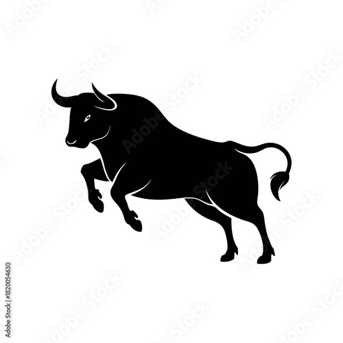 A stylized, powerful black silhouette of a bull rearing up on its hind legs against a white background.