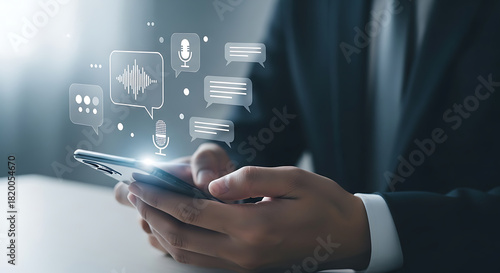 Businessman uses smartphone with voice messages, microphone and speech bubbles hovering above screen.