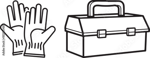 Simple Outline Illustration of Worker Gloves and Metal Toolbox