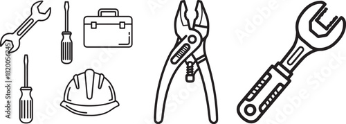 Monochrome Outline Icons Set of Hand Tools and Construction Items