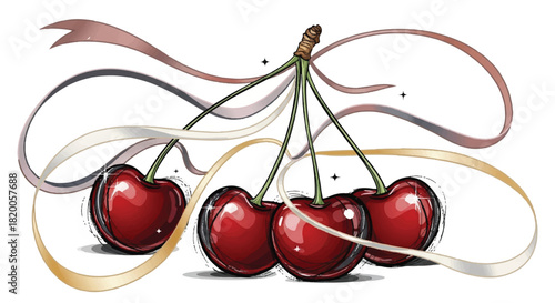 Ripe Cherries with Flowing Ribbons A Sweet and Elegant Illustration