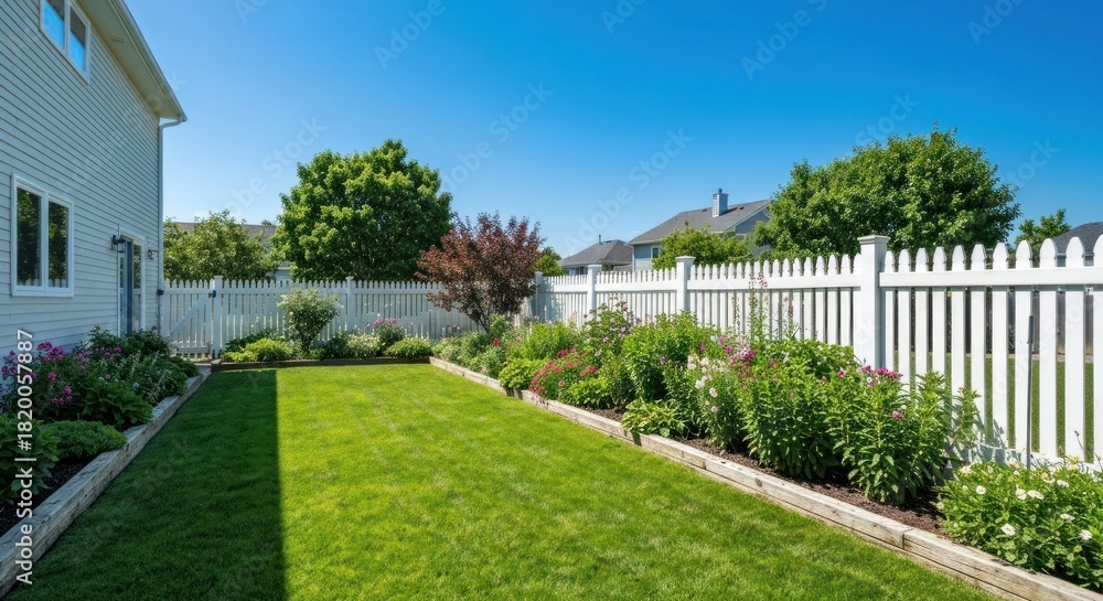 Naklejka premium Lush backyard with a green lawn, flowers, and a white picket fence