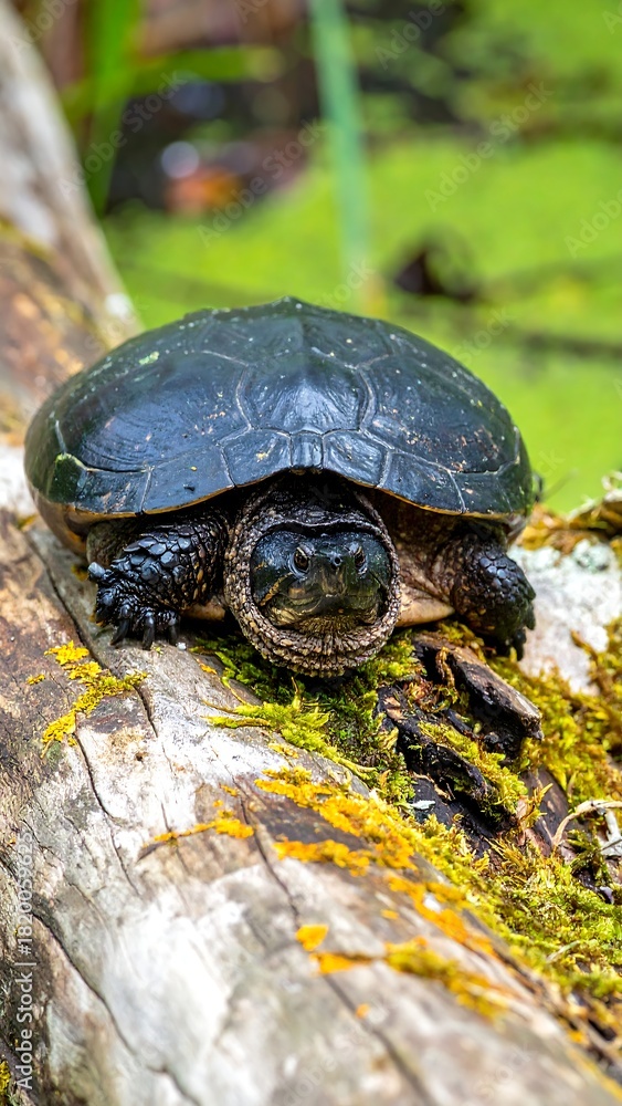 Obraz premium A small turtle resting on a mossy log near a pond.