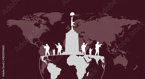 World Civil Defence Day Soldiers standing on globe with monument symbolizing peace and remembrance