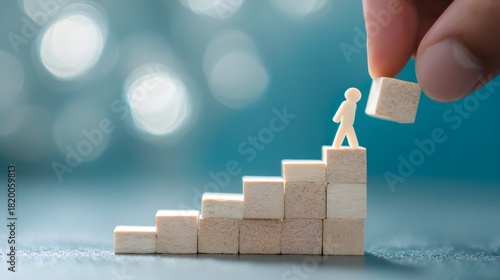 Hand places a block to help a person climb a staircase of cubes, symbolizing support and progress.