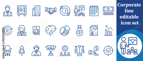 Corporate line editable icon set, corporate, business, company, office, management, teamwork, leadership, strategy, planning, vision, mission, growth, analysis, report and more