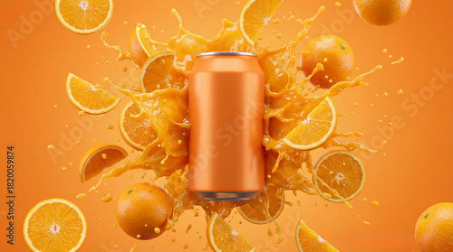 Aluminum can surrounded by splashing orange juice and orange slices on a vibrant orange background, ideal for beverage advertising and product mockups. Refreshing and visually appealing.