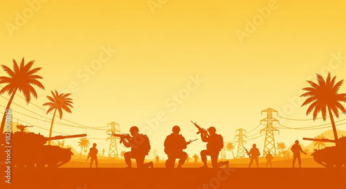 World Civil Defence Day Silhouette of soldiers and military tanks against a dramatic orange sky with palm trees and power lines, evoking a sense of conflict and arid landscape