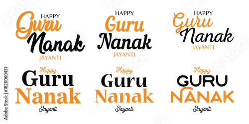 Happy Guru Nanak Jayanti Typography Design. Guru Nanak Jayanti Greeting Lettering Set