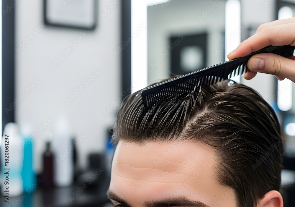 Naklejka premium Close-up of Barber Hand Combing Man's Wet Hair for Haircut or Styling in Salon | Grooming Service