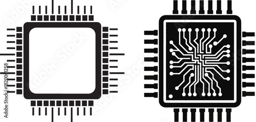 Black and White Vector Icons of Computer Microchips with Internal Circuitry