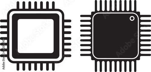 Black and White Microchip Icons with Pins, Flat Vector Design