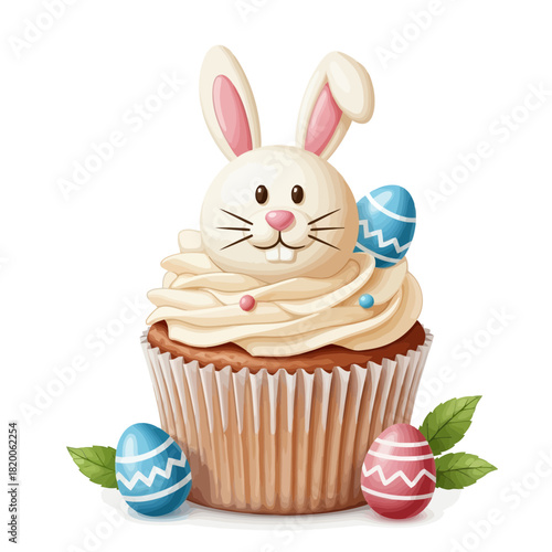 Cute bunny cupcake with frosting and colorful easter eggs isolated on