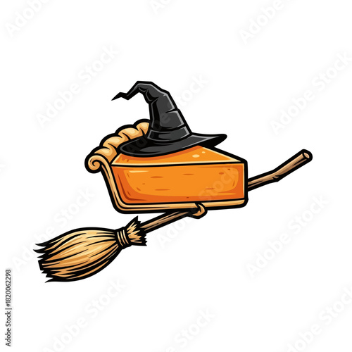 Witch flying on a broomstick with a pumpkin in a cartoon illustration style