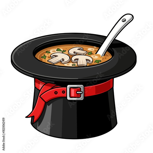 Illustration of a magic hat with dollar bills and a spoon inside, representing financial magic or abundance