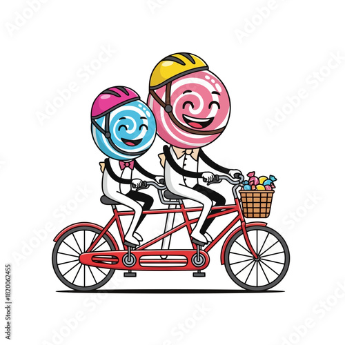 Cartoon couple riding a tandem bicycle with lollipops, smiling and enjoying a ride, isolated on