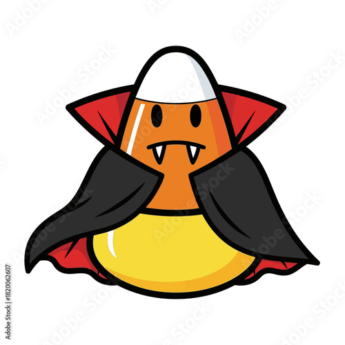 Cute cartoon candy corn vampire with fangs and a cape, smiling and isolated on