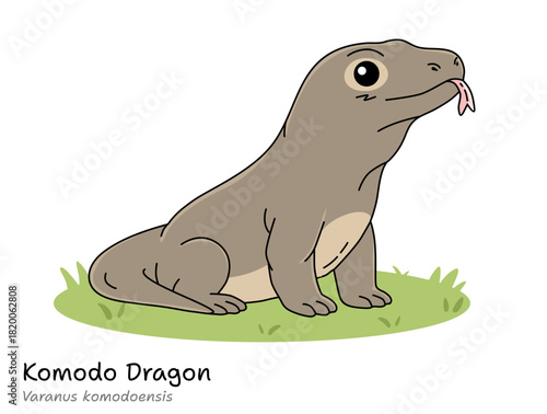 Cute Komodo Dragon Cartoon Vector Illustration. Flat Style Indonesian Endemic Animal. Varanus komodoensis.