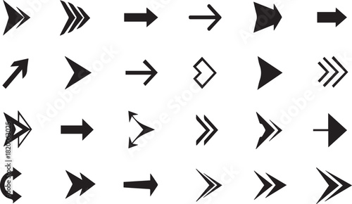 Big collection of black arrows icon set vector. Mega set of modern geometric arrows for navigation and speed indication isolated on white background.