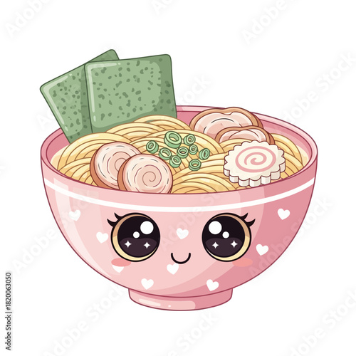 Cute cartoon bowl with noodles, vegetables, and crackers, smiling face, colorful and playful design, isolated on