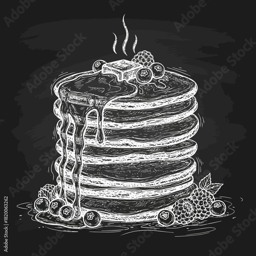 Delicious multilayered cake with berries and whipped cream on top, illustrated in a sketchy style
