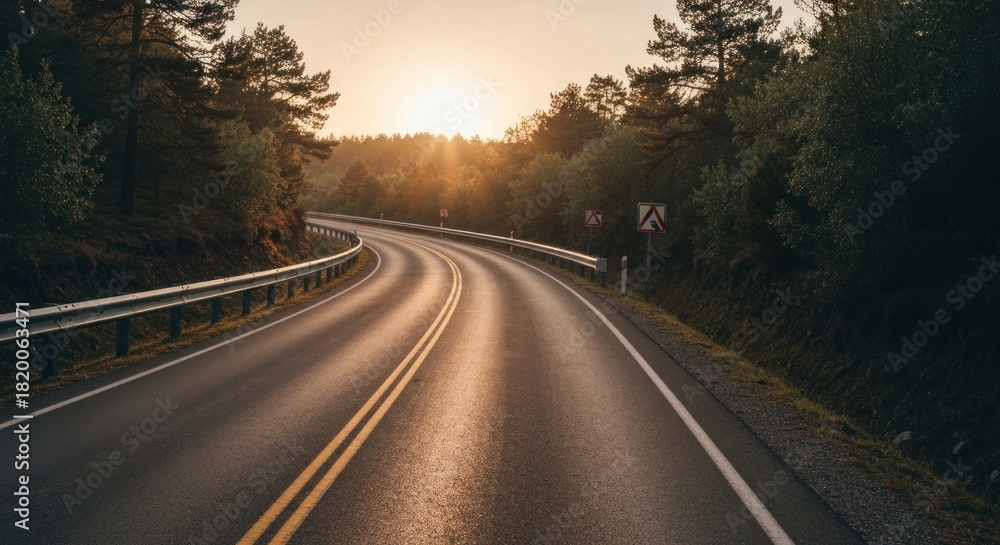 Fototapeta premium Curving road through trees, bathed in golden light at sunset